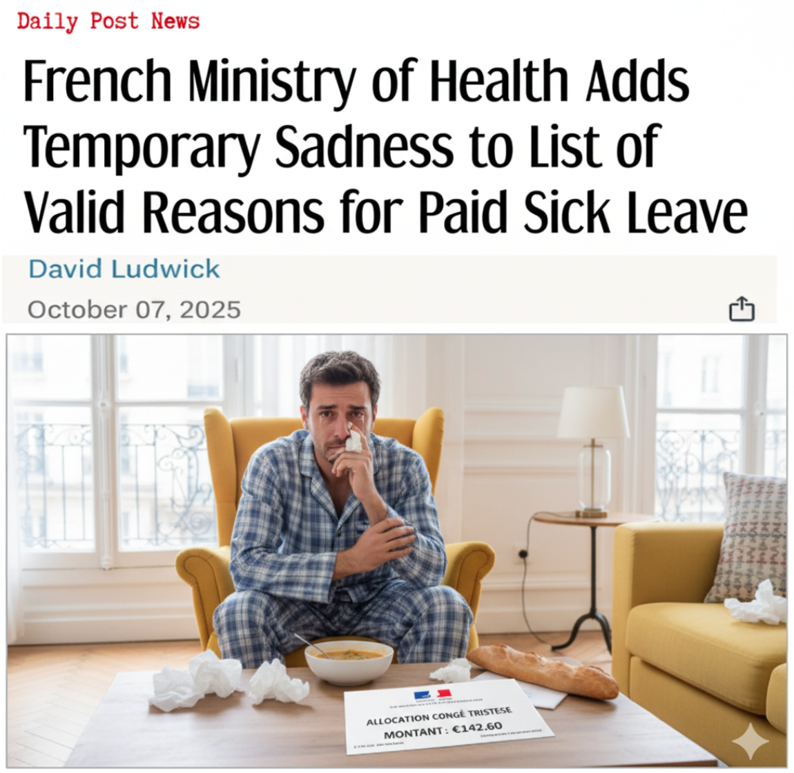 French Ministry of Health Adds Temporary Sadness to List of Valid Reasons for Paid Sick Leave from 2026